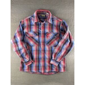 Vintage 90s Private Property Woven Flannel Shirt Workwear Grunge Red Blue USA L